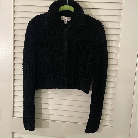 ST.JOHN Collection by Marie Gray Black Chunky Knit Zipper Front Cropped Sweater - Picture 1 of 10